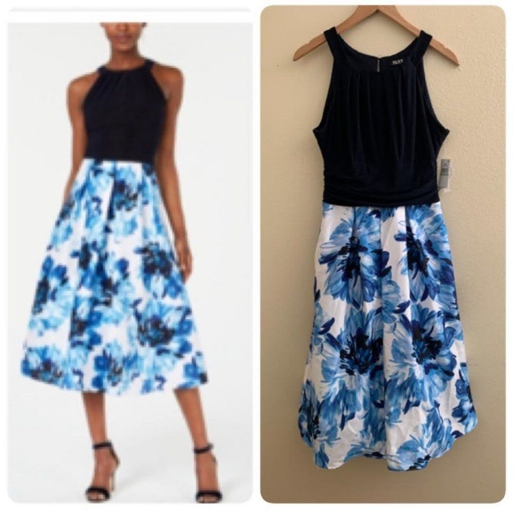 SLNY Halter Floral Tulle Formal Dress Navy Black